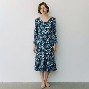 Pact Organic Womens Party Dress Sz Small Dark Teal Blue White Floral Midi V-neck